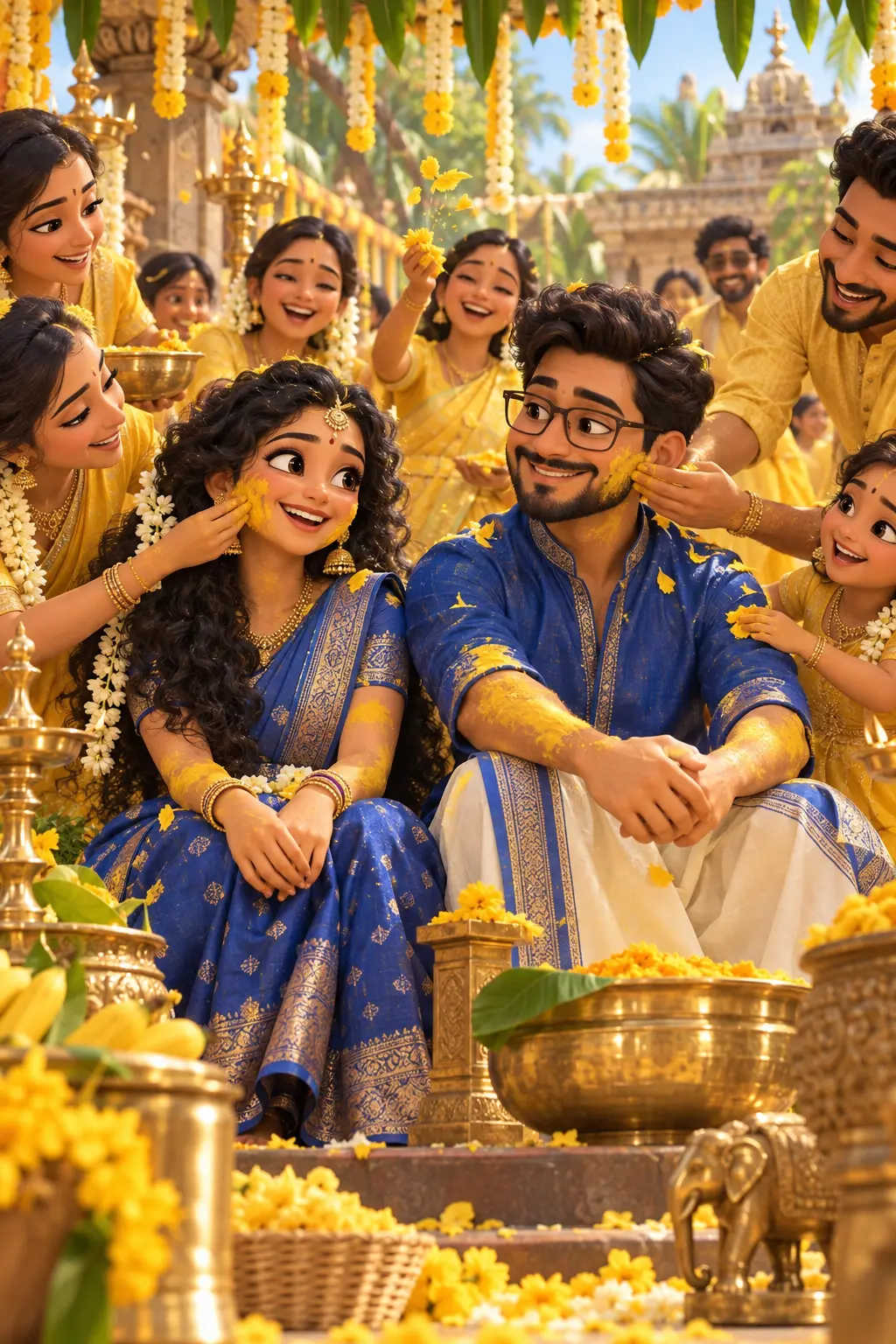 3D storybook Haldi celebration: the couple wear blue and their guests wear yellow