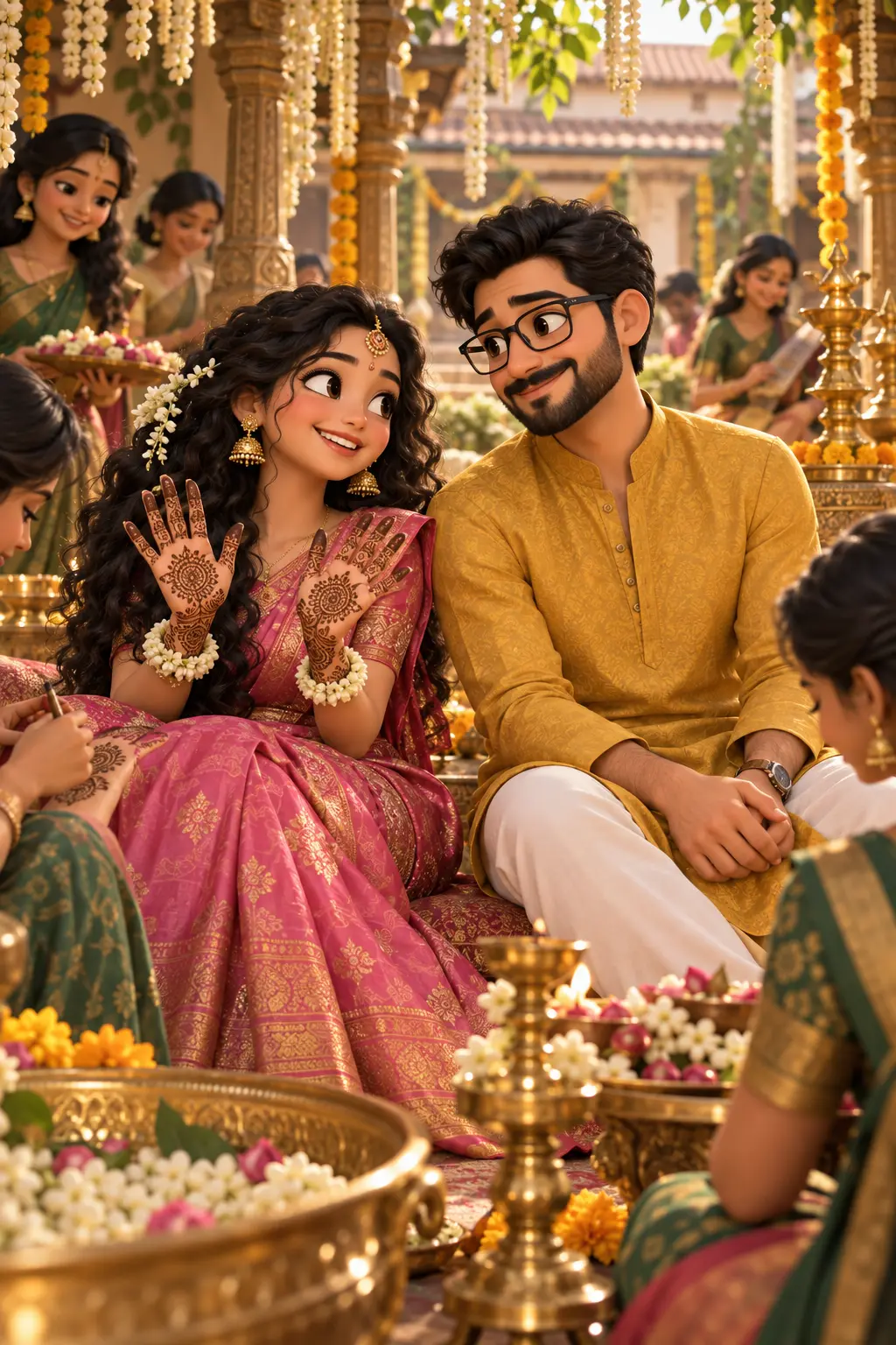 The bride having henna applied in a jasmine-filled courtyard, with the groom and family beside her