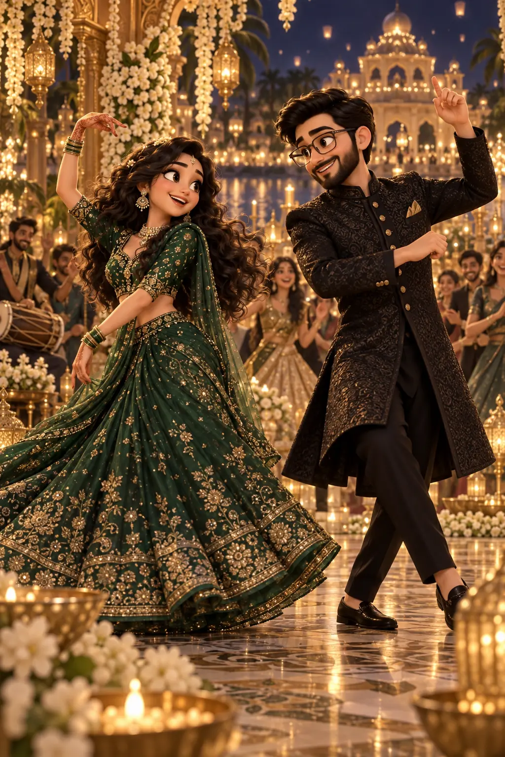 3D storybook couple dancing in emerald green and black beneath golden Sangeet lights