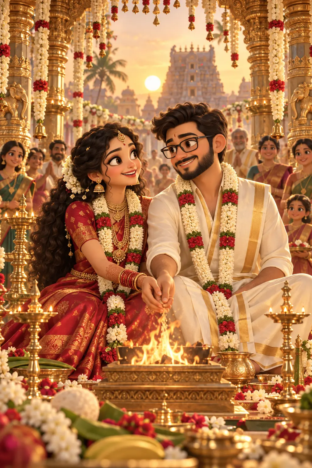 A richly illustrated Telugu wedding, surrounded by family, jasmine garlands and brass lamps