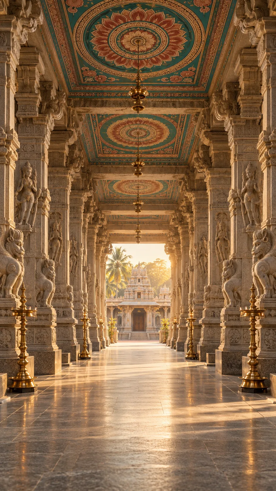 An ornate temple corridor glowing in warm light