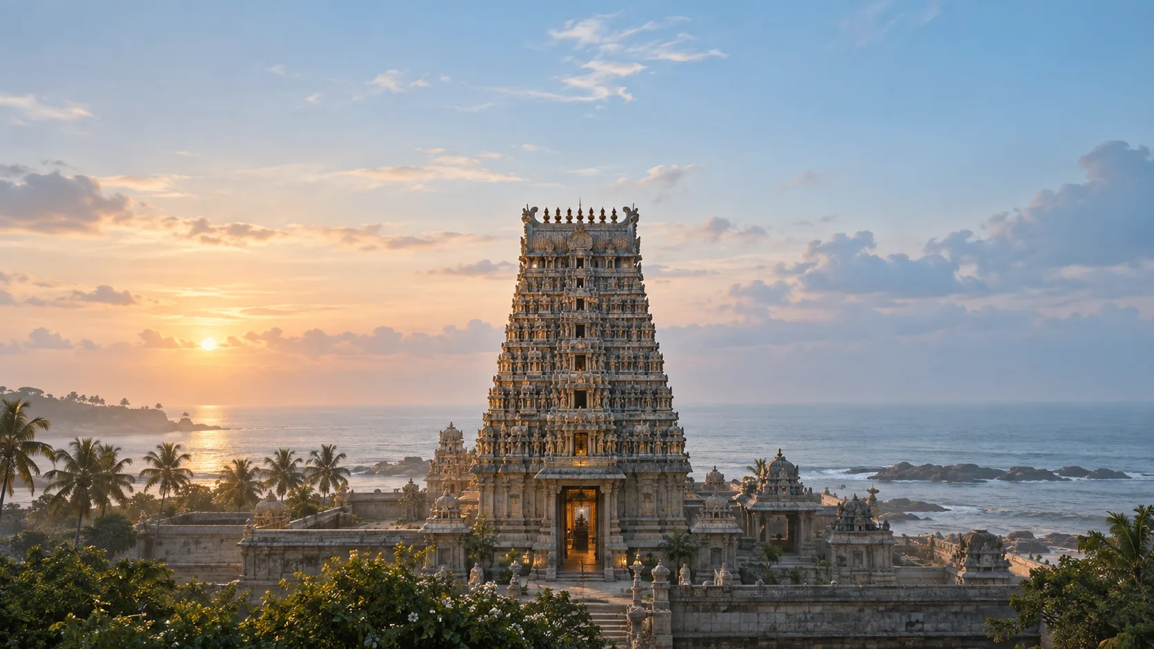 A grand South Indian temple by the sea at dawn