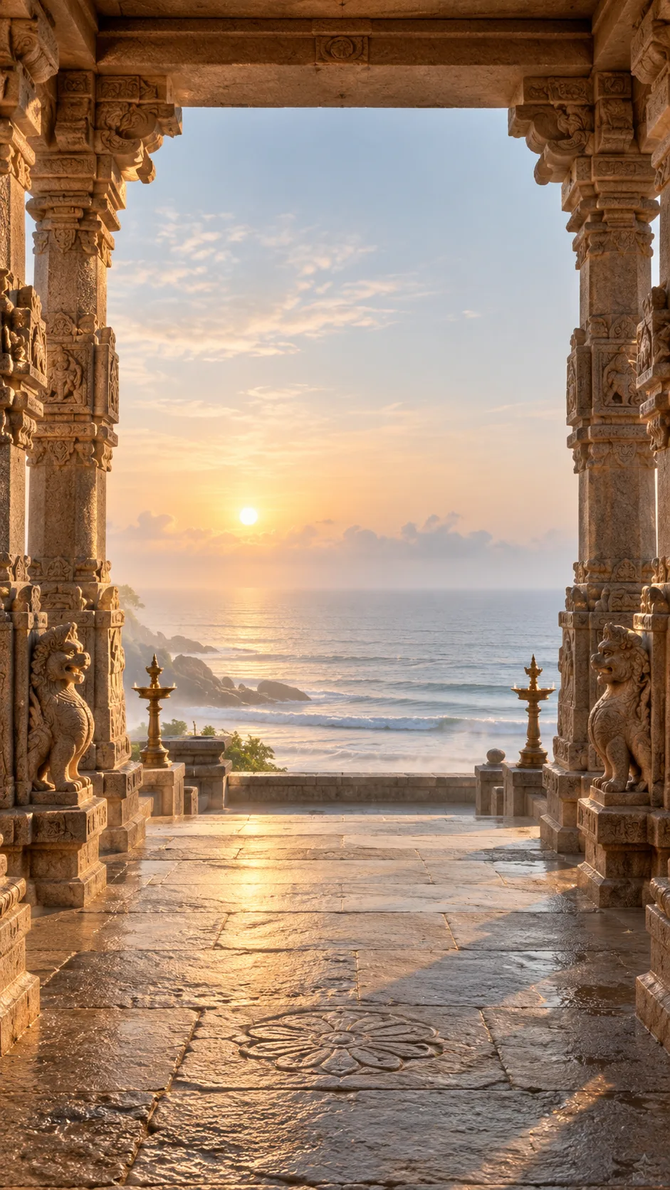 A temple pavilion opening toward the sea at sunrise
